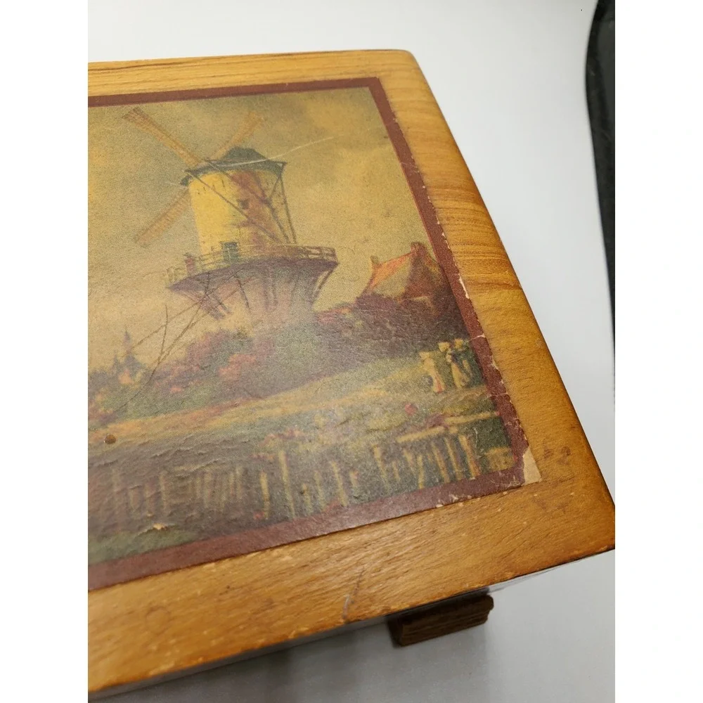 Vintage Wooden Jewelry Trinket Box Hinged Overlay 9 x 5 Inches Footed Holland